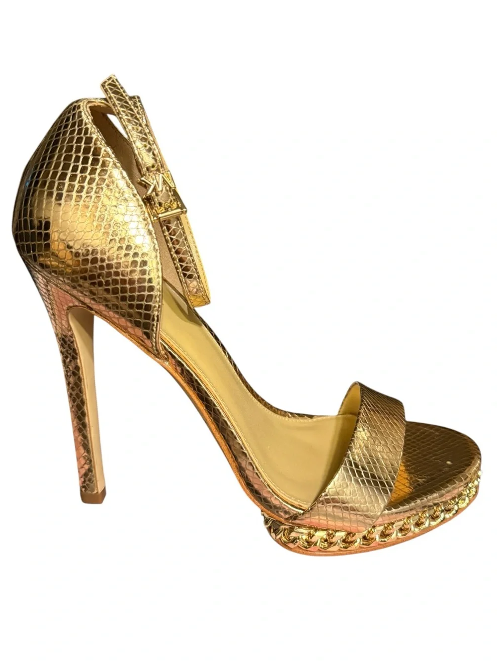 MICHAEL KORS Jordyn Metallic Gold Snake Embossed Leather Platform Sandals Sz 7